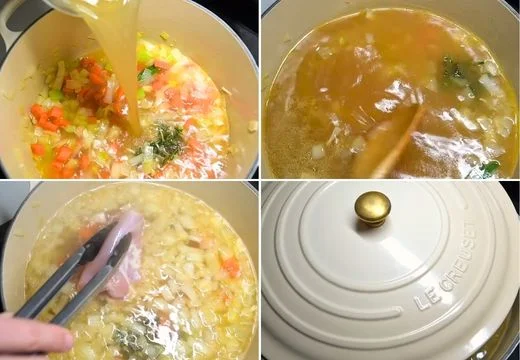 Add the broth and chicken