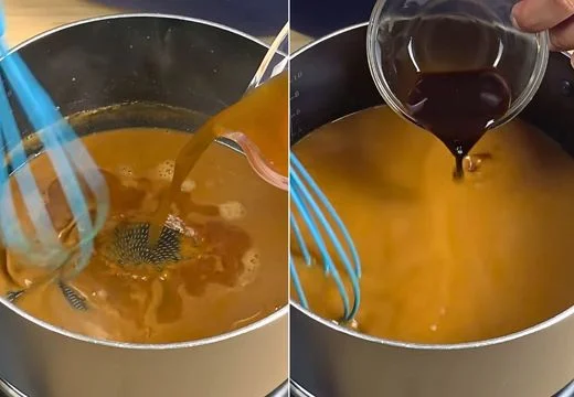 Add the broth and Worcestershire